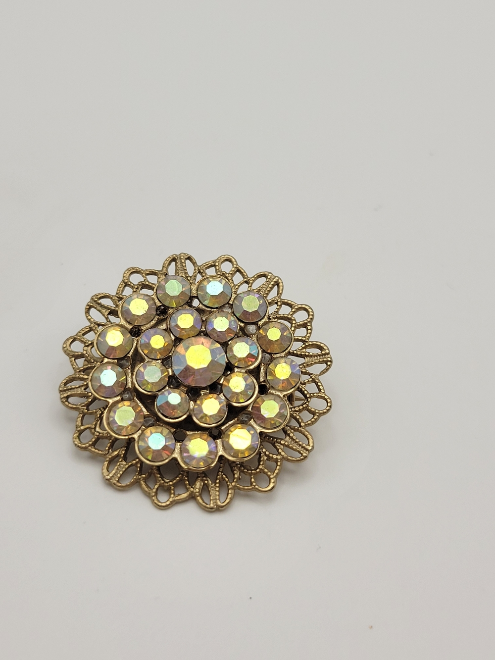 Gold-Tone Aurora Borealis Crystal Floral Brooch